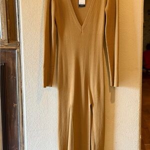Lioness Ribbed Long Sleeve V-Neck Knit Dress in Camel